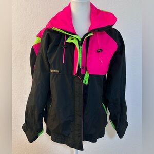 Vintage Black and Neon Pink/Green Criterion Columbia Women’s Puffer Ski Coat Med